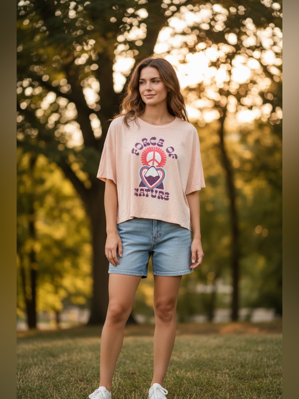 Old Navy Peach Graphic Crop Tee with Purple & Red Print
